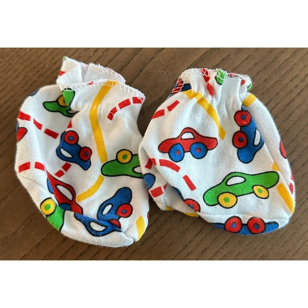 Vintage 90s Baby Booties Socks & Hat‎ Blue Cars Stars Coloful